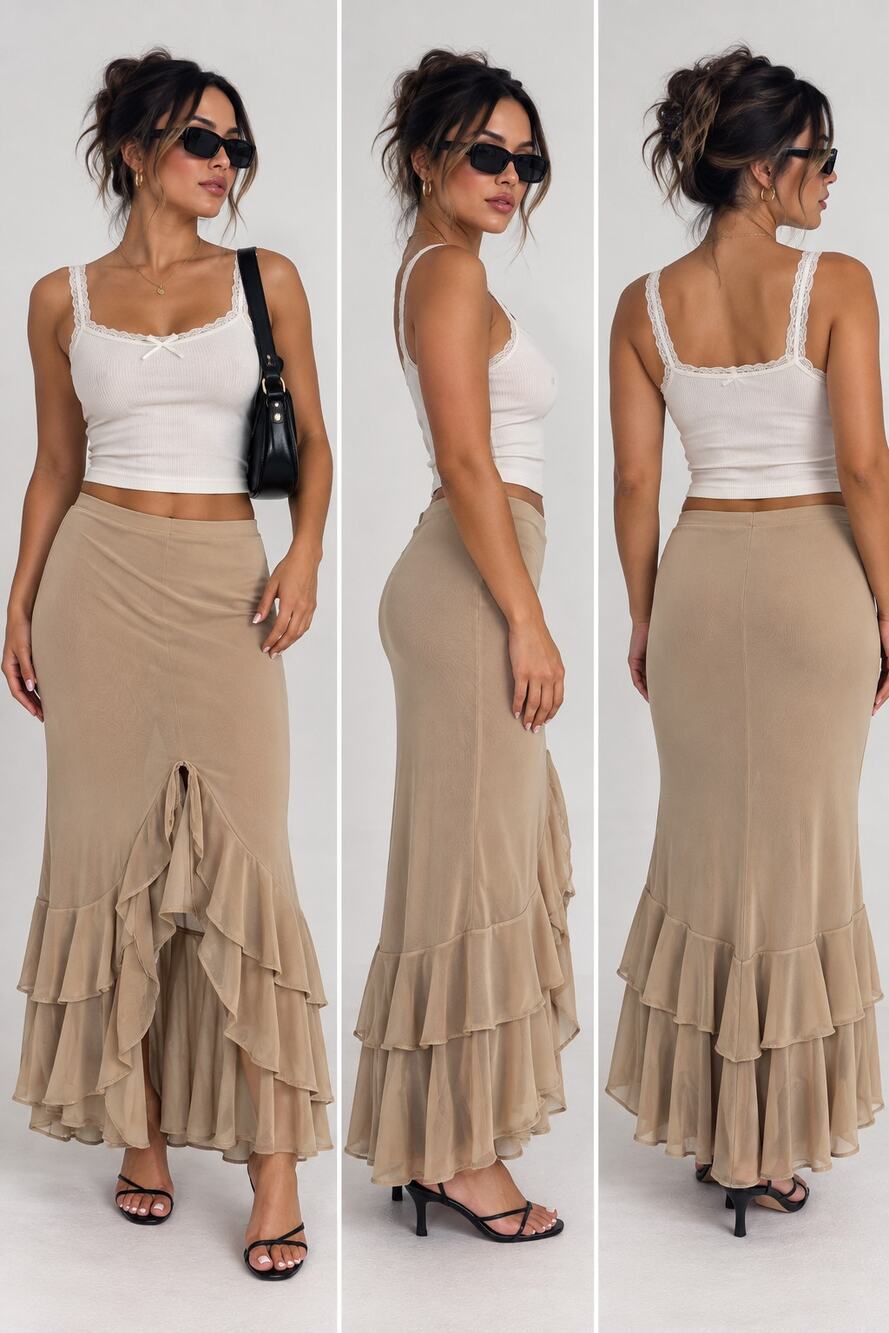 Ria Clothing Line Maxi Skirt L Beige Ruffle Mermaid Y2K Fairycore Made USA